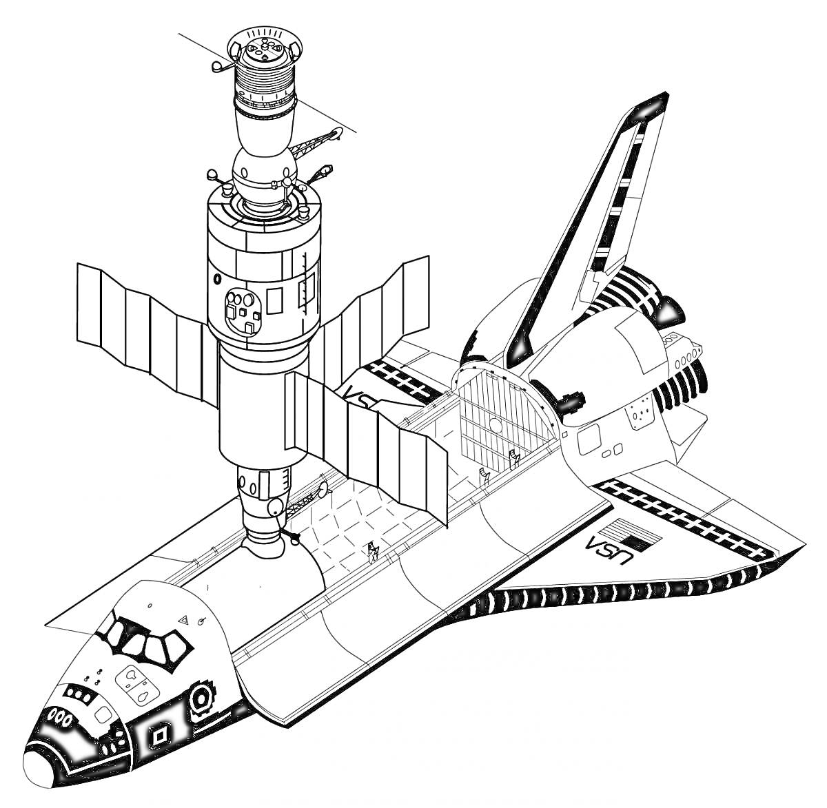 Раскраска Космический шаттл с аппаратным модулем, солнечными панелями и космической станцией