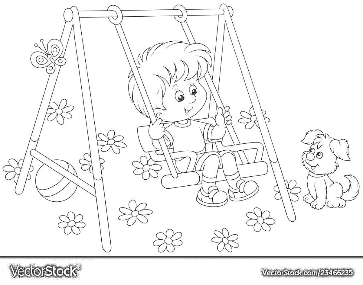 На раскраске изображено: Мальчик, Качели, Бабочка, Цветы, Площадка, Природа