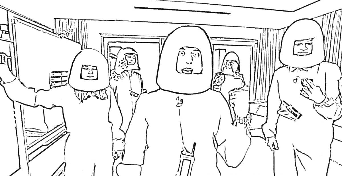 Раскраска Люди в защитных костюмах в помещении с окнами и оборудованием