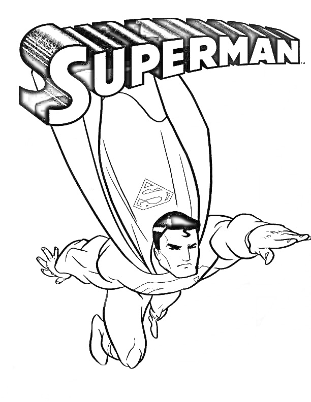 На раскраске изображено: Супермен, Герой, Полет, Плащ, Сила, Комиксы, Логотипы, Эмблемы