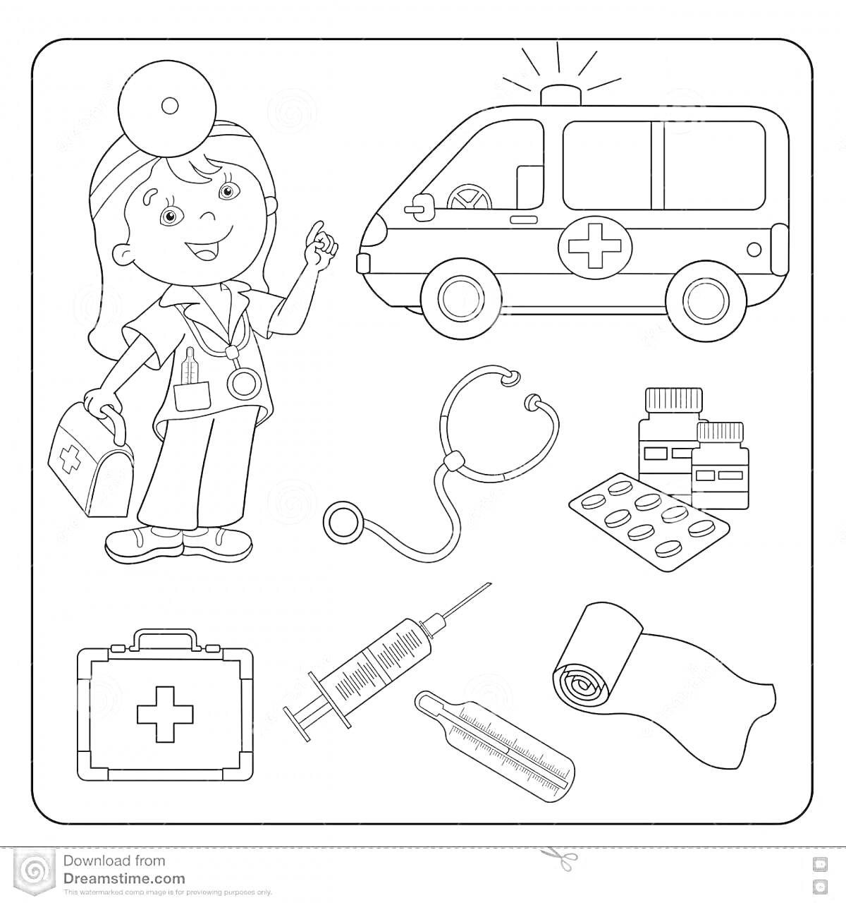 На раскраске изображено: Медицина, Врач, Скорая помощь, Медицинские инструменты, Стетоскоп, Таблетки, Аптечка, Шприц, Ампула, Медицинская помощь