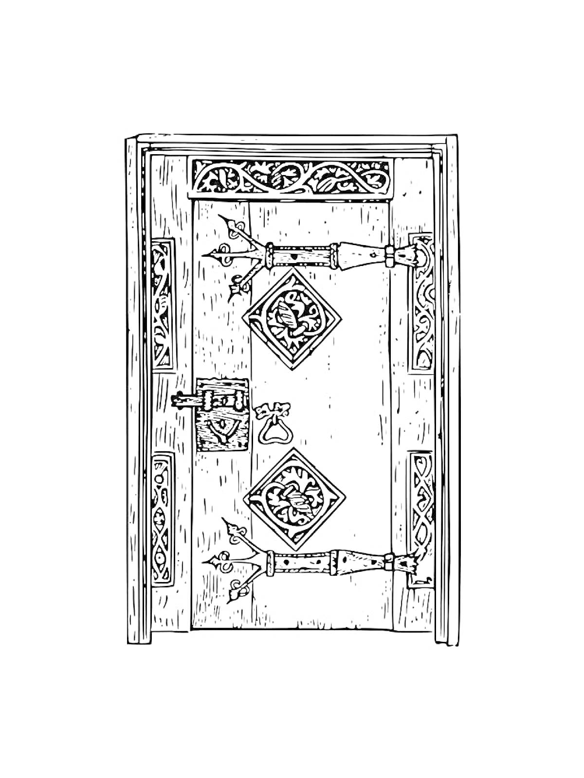На раскраске изображено: Дверь, Деревянная, Узоры, Металл, Петли, Замок, Декор, Контурные рисунки