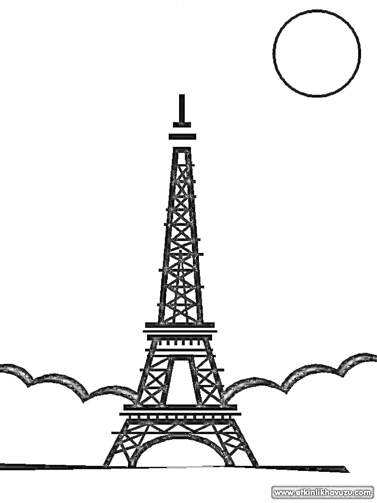 Раскраска Эйфелева башня с облаками и круглым солнцем