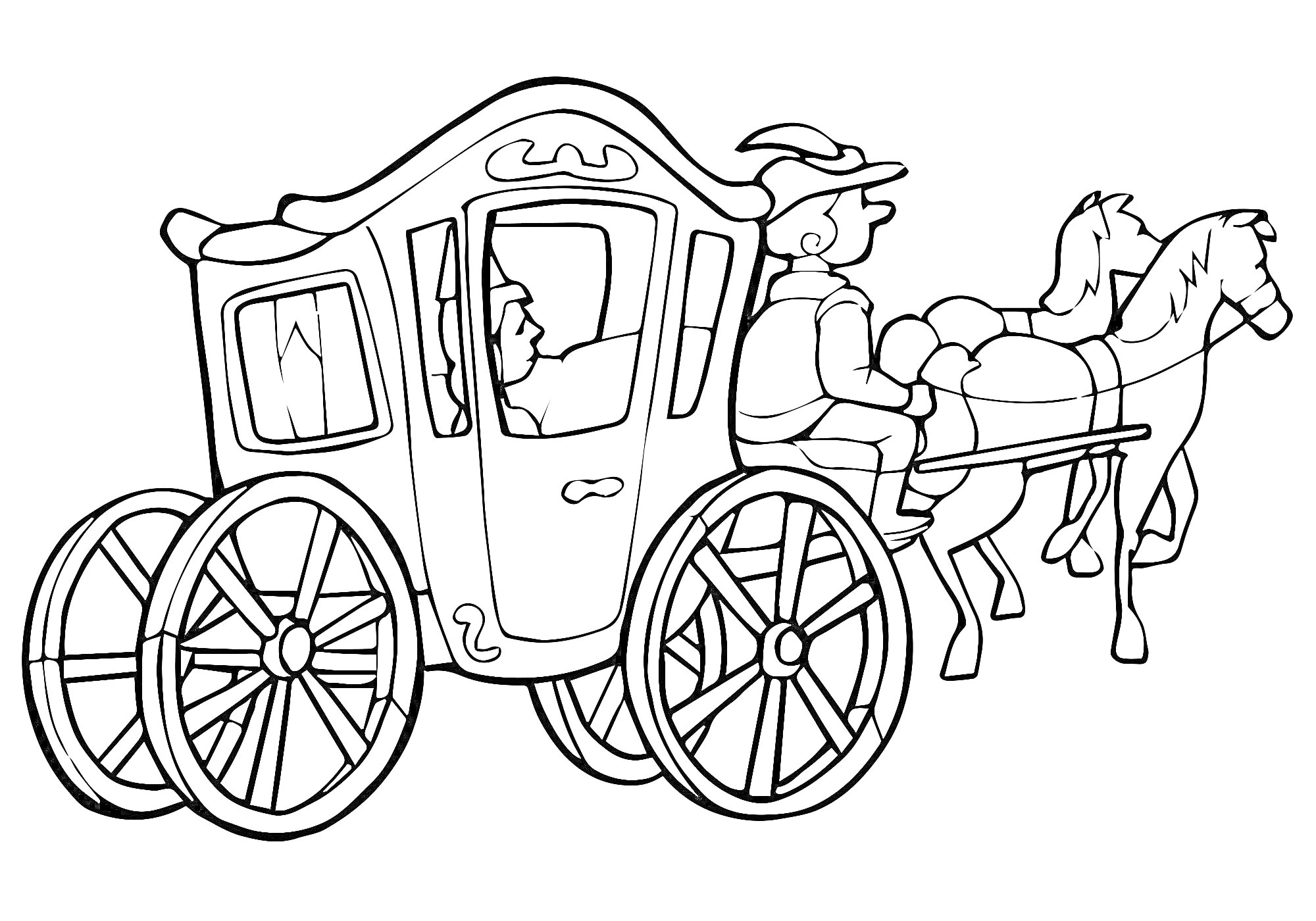 На раскраске изображено: Карета, Кучер, Транспорт, Колёса, Животные