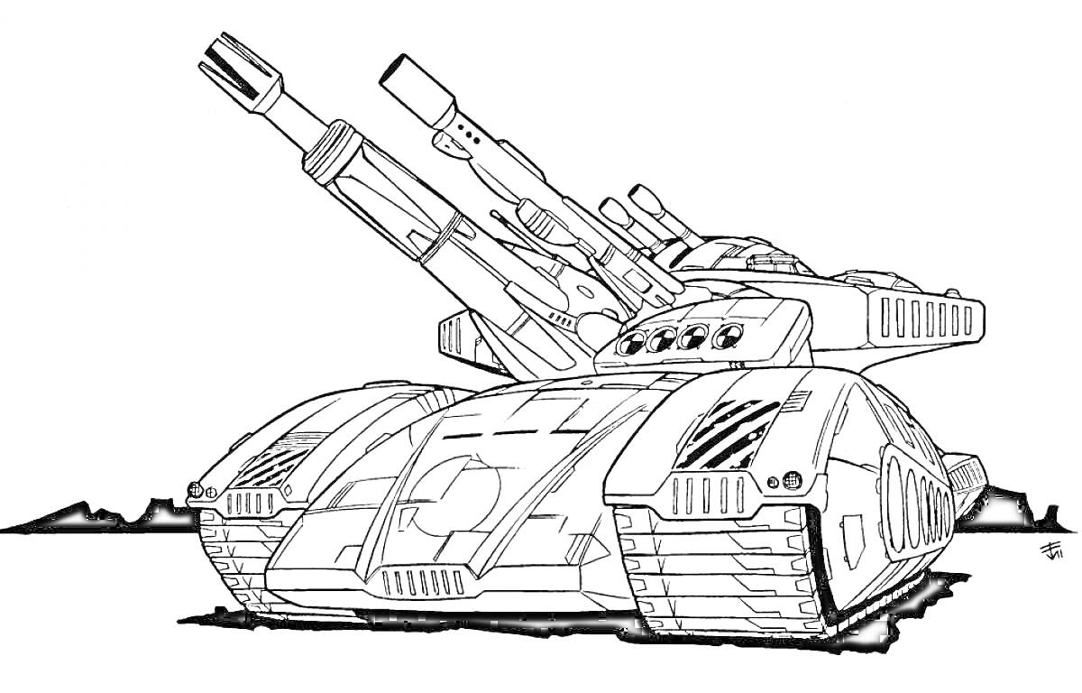 Раскраска Танковый левиафан с двумя большими орудиями в футуристическом стиле на ровной поверхности