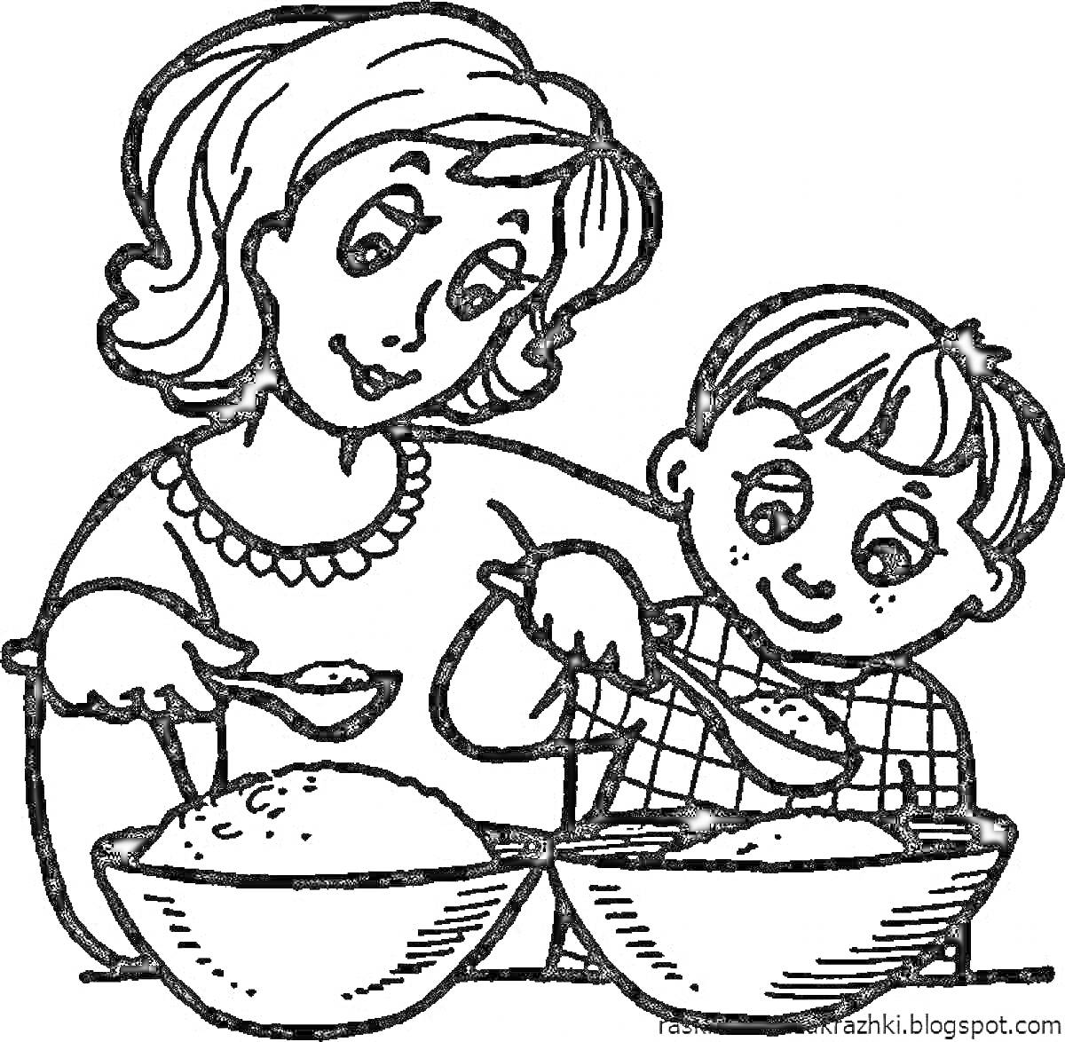 Раскраска Мама и ребёнок готовят еду с мисками и ложками