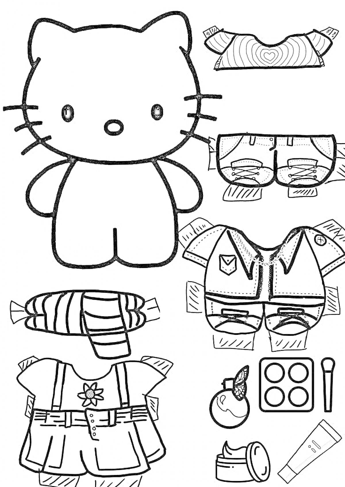 Раскраска Hello Kitty с одеждой и аксессуарами - футболка с сердцем, шорты с карманами, куртка с эмблемой, платье с цветком, шарф в полоску, духи, палетка теней для век, крем для лица, тюбик с кремом