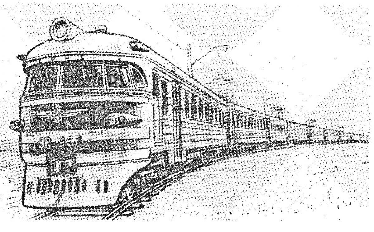 Раскраска Электропоезд с локомотивом и вагонами на железной дороге