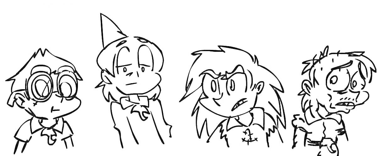Раскраска четыре мультяшных персонажа в линейном стиле