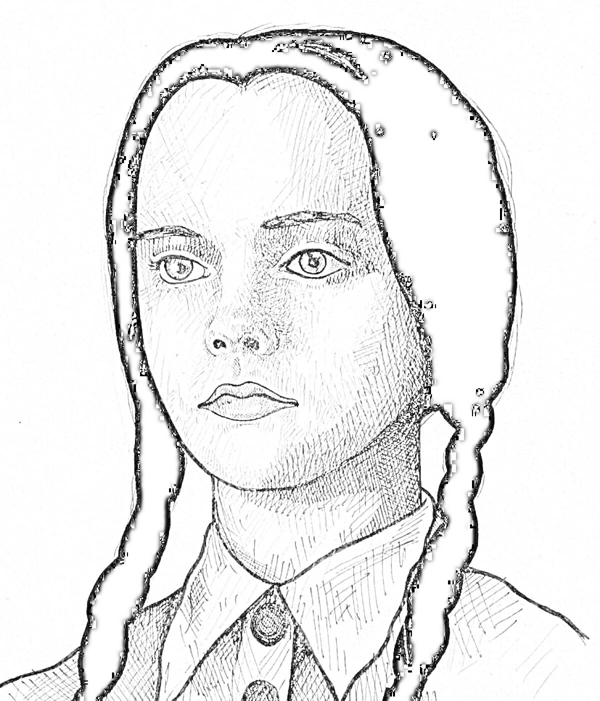 Раскраска Портрет девочки в черно-белых тонах с двумя косичками, в пуговичной рубашке