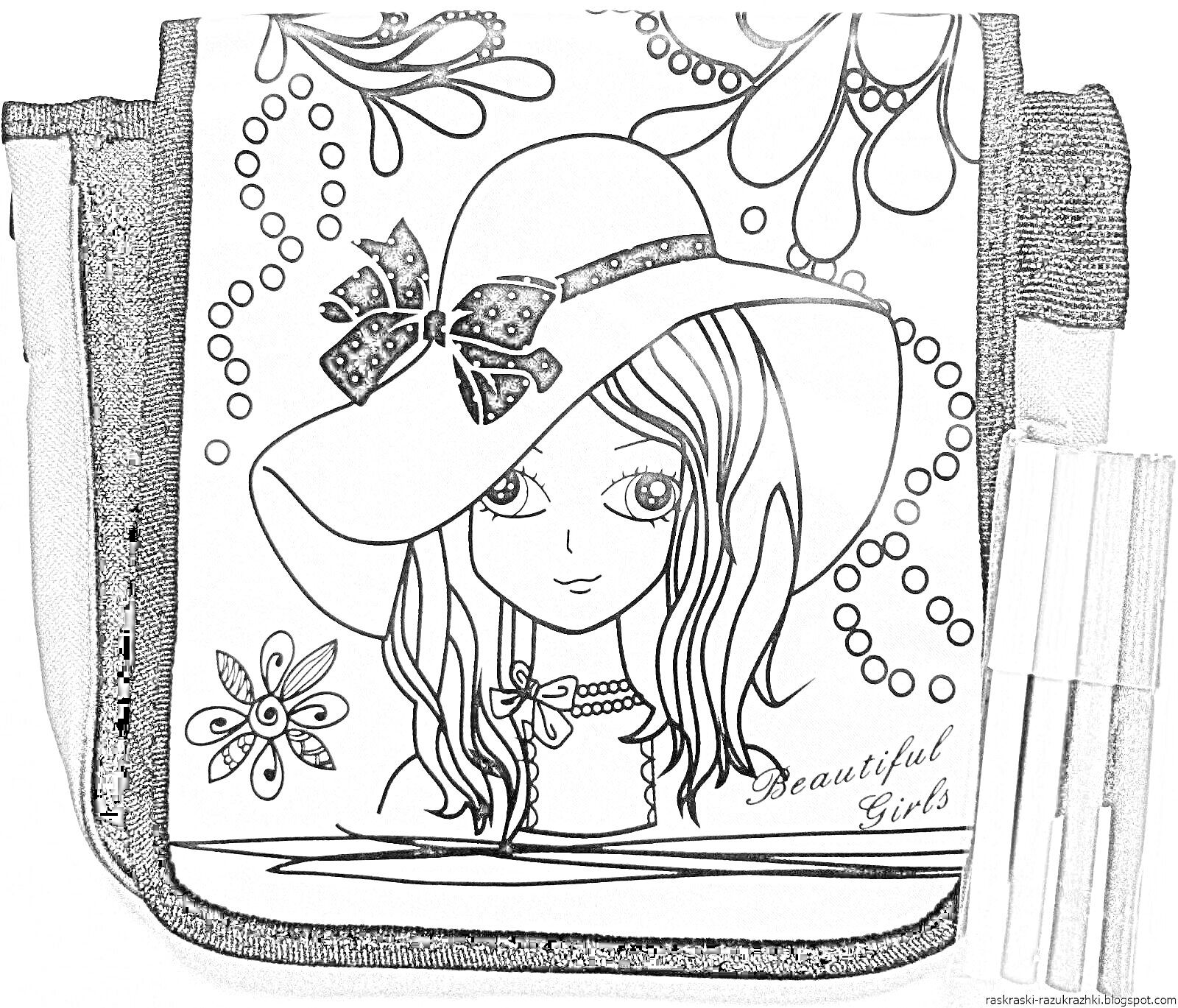 Раскраска Сумка для девочки с изображением девушки в шляпе и цветами, набор маркеров