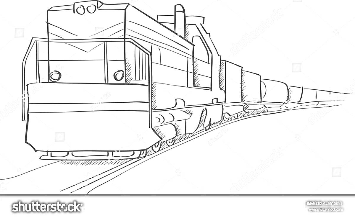 На раскраске изображено: Локомотив, ЧМЭ3, Железнодорожные пути, Поезд, Рельсы, Железная дорога, Транспорт, Техника