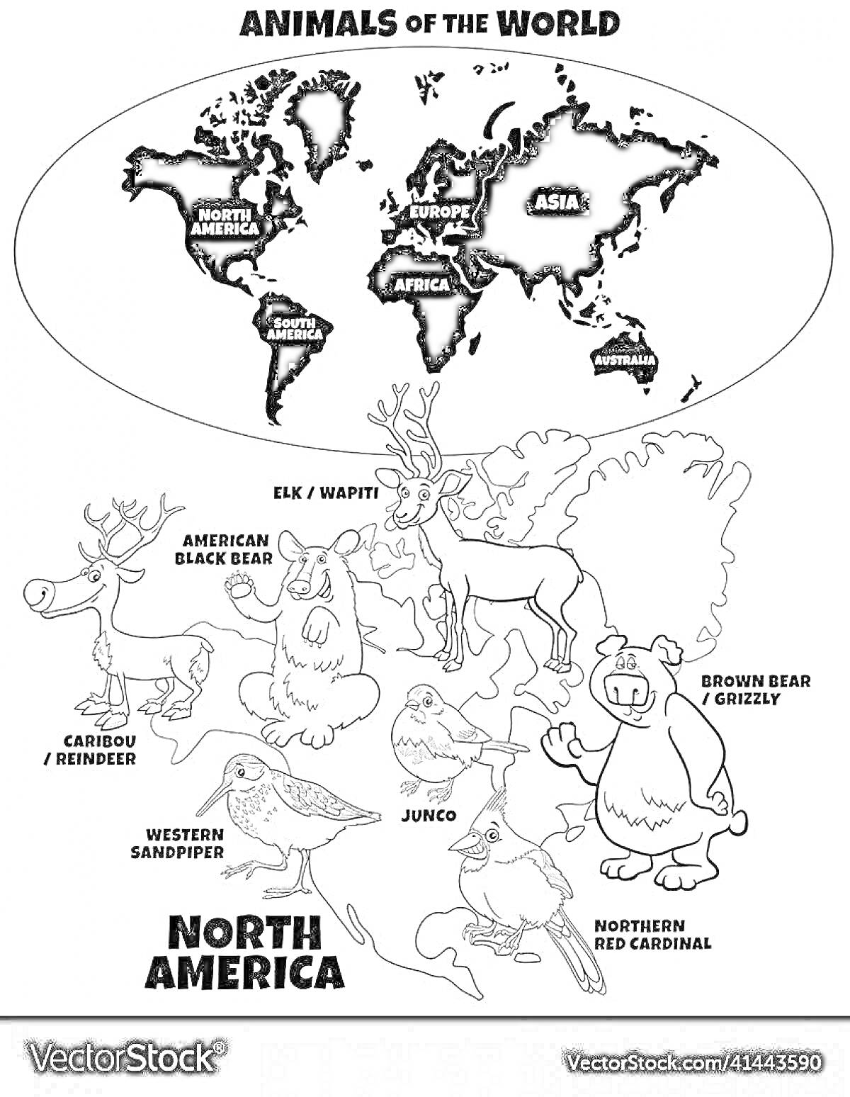 На раскраске изображено: Животные, Северная Америка, Карта, Северный олень, Лось, Бурый медведь, Гризли