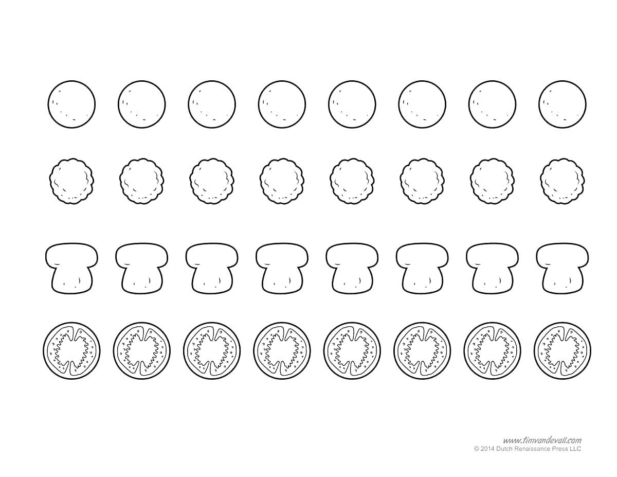 Раскраска Ингредиенты для пиццы - нарезанная колбаса, грибы, сыр, томаты