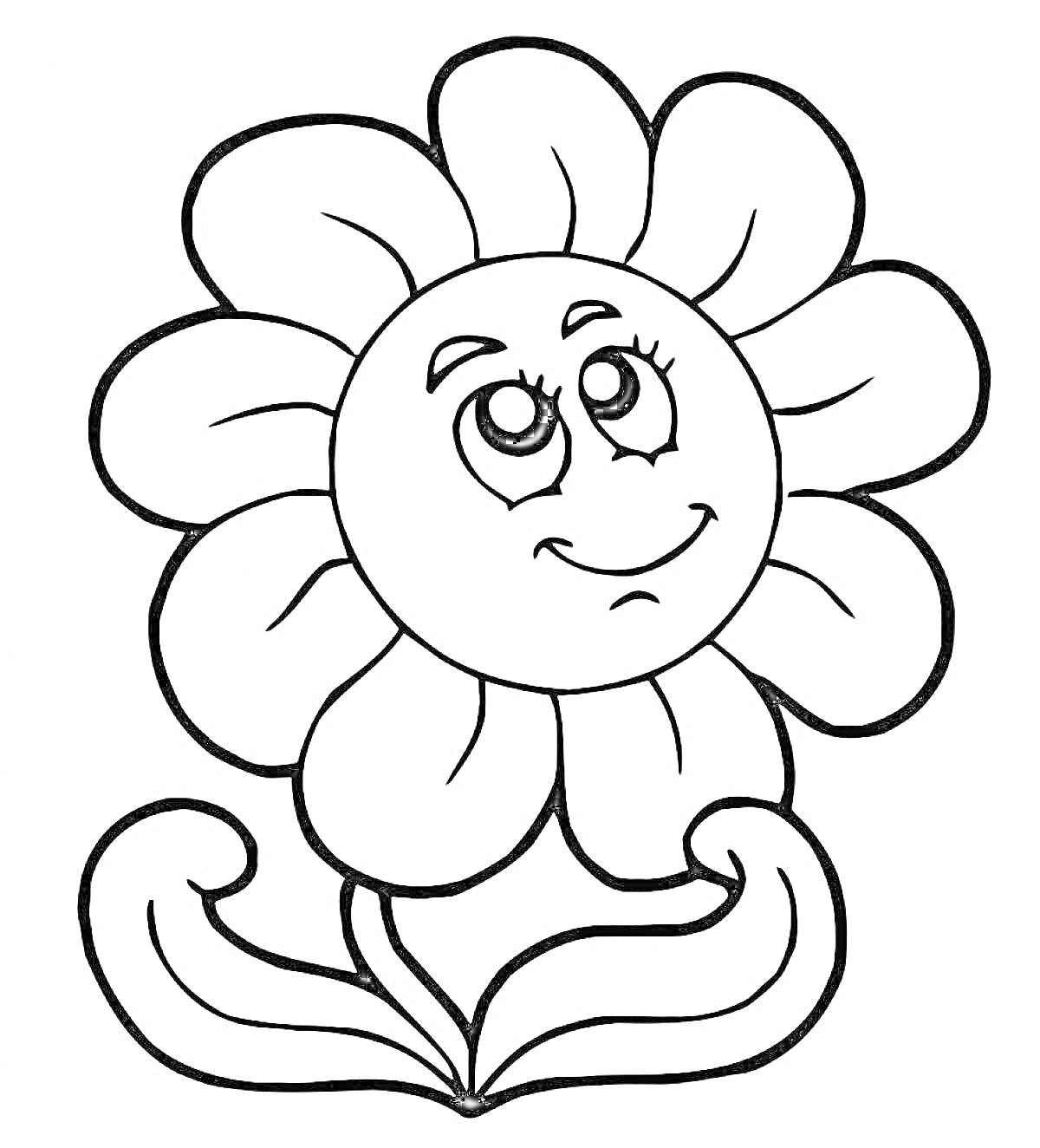 На раскраске изображено: Цветик семицветик, Листья, Контурное изображение, Цветы, Улыбка