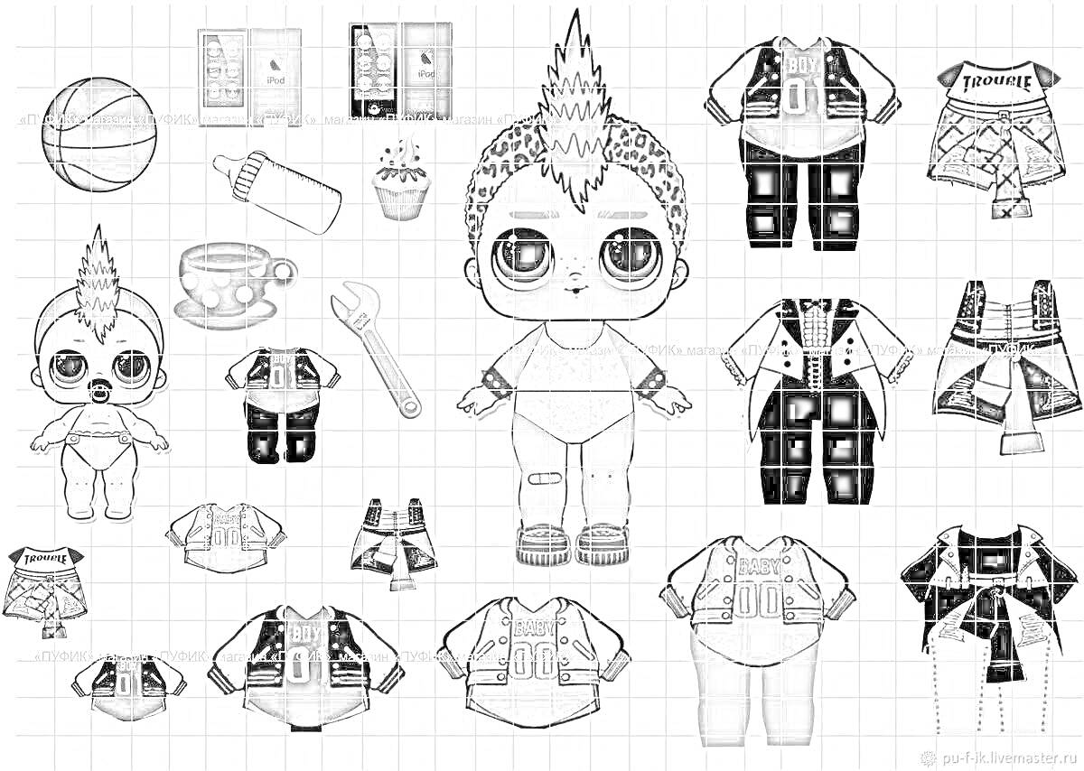 Раскраска ЛОЛ с одеждой, обувью и аксессуарами. На изображении кукла ЛОЛ, разнообразная одежда (жилетки, платья, юбки, футболки, рубашки), обувь, сумочка, бутылочка, мяч, тарелочка с ложкой и десерт.