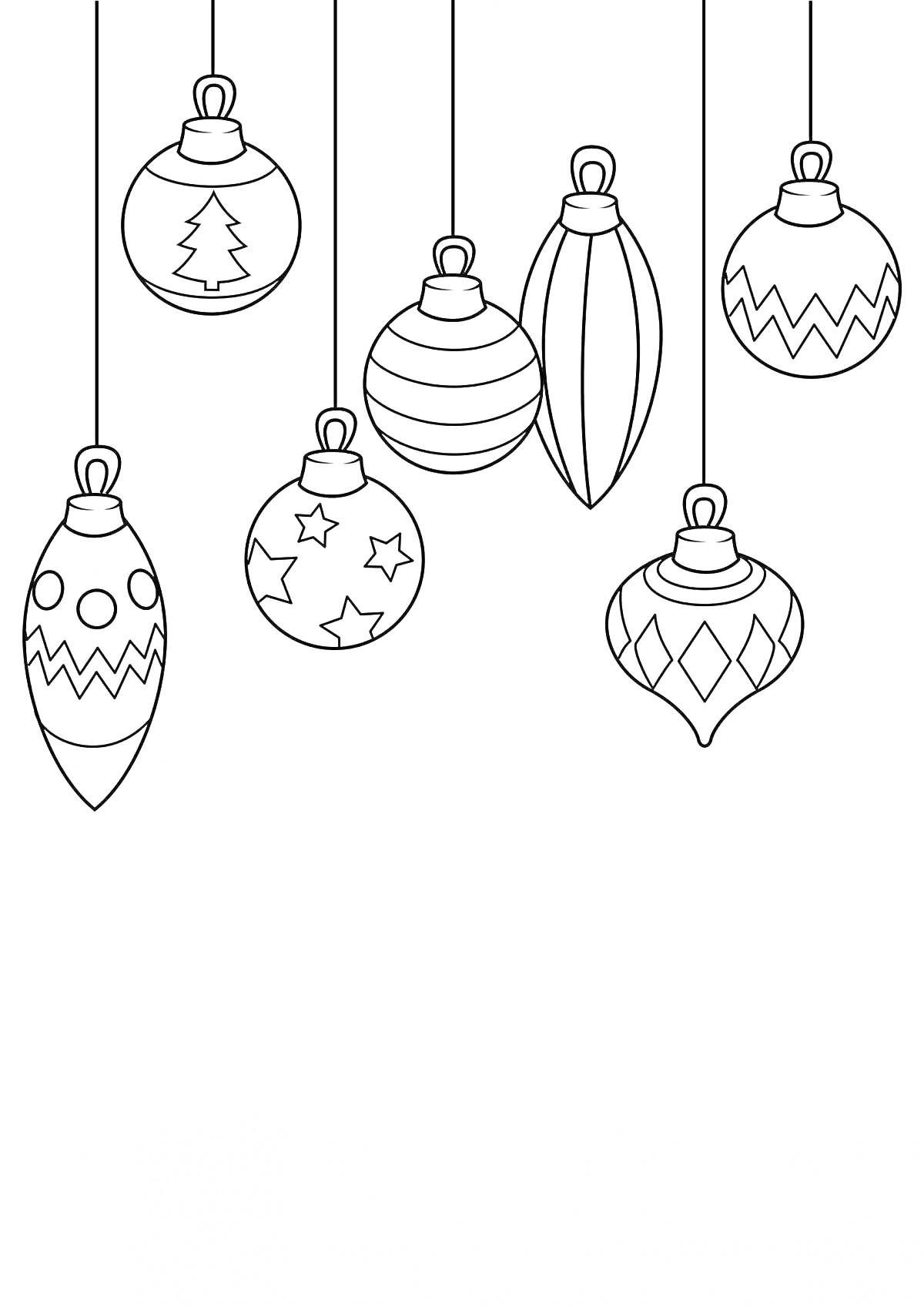 Раскраска Новогодние шарики с узорами (ёлочка, полоски, елочные игрушки разных форм)