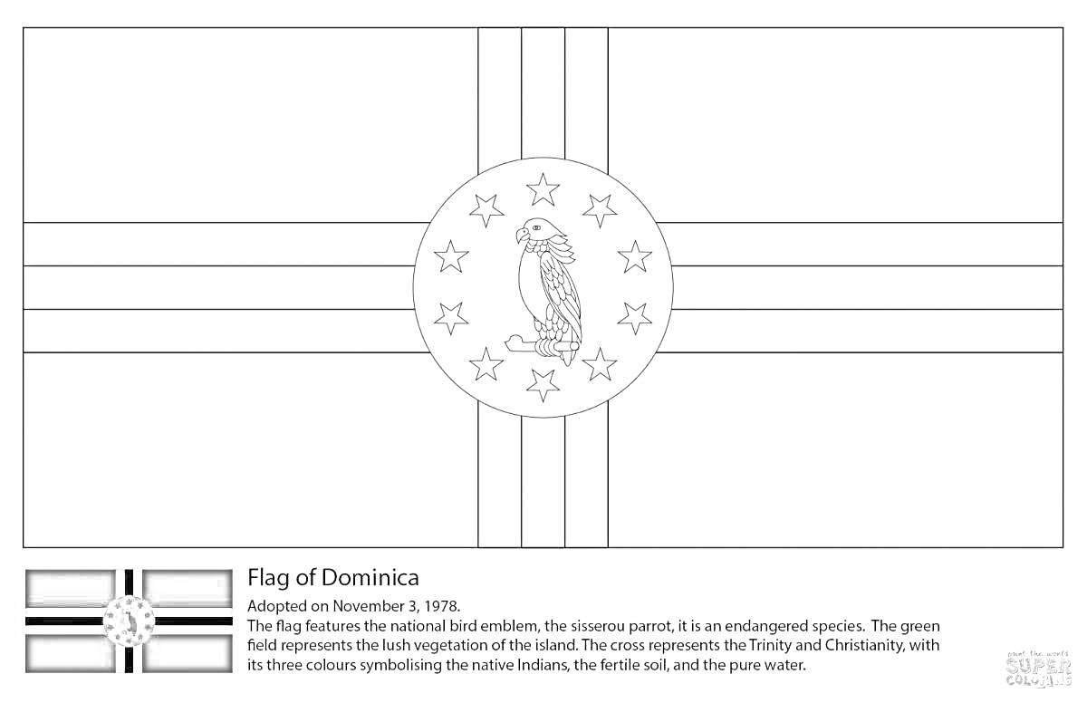 Раскраска Флаг Доминики с изображением попугая, центральный круг с пятью вертикальными и горизонтальными линиями, расположены звезды, подпись с объяснением значений элементов флага.