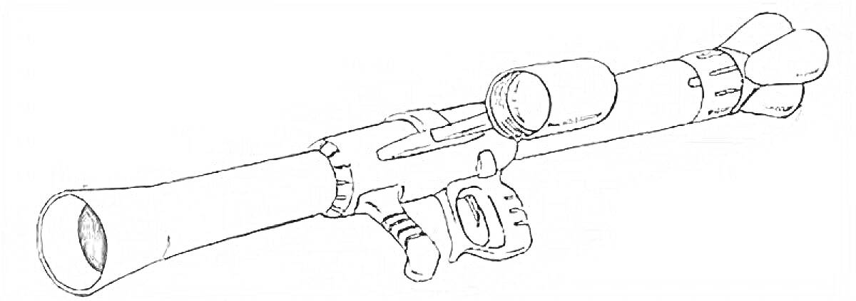 На раскраске изображено: Базука, Оружие, Прицел, Держатель, Военная техника