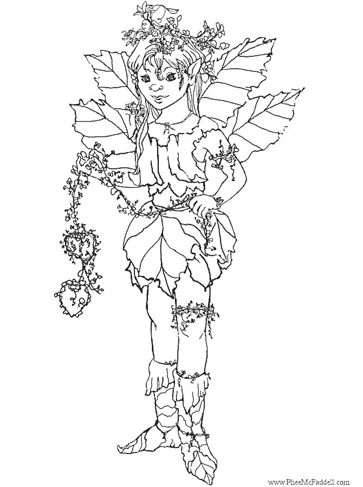 Раскраска Девочка эльф с крыльями из листьев и гирляндой из цветов
