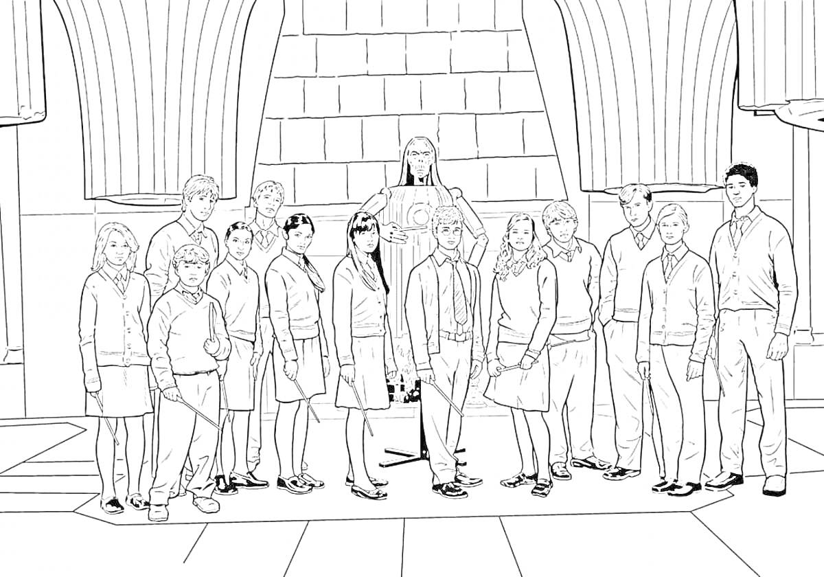 На раскраске изображено: Группа людей, Школьная форма, Комната, Каменная стена, Ученики, Стоящие люди, Школа