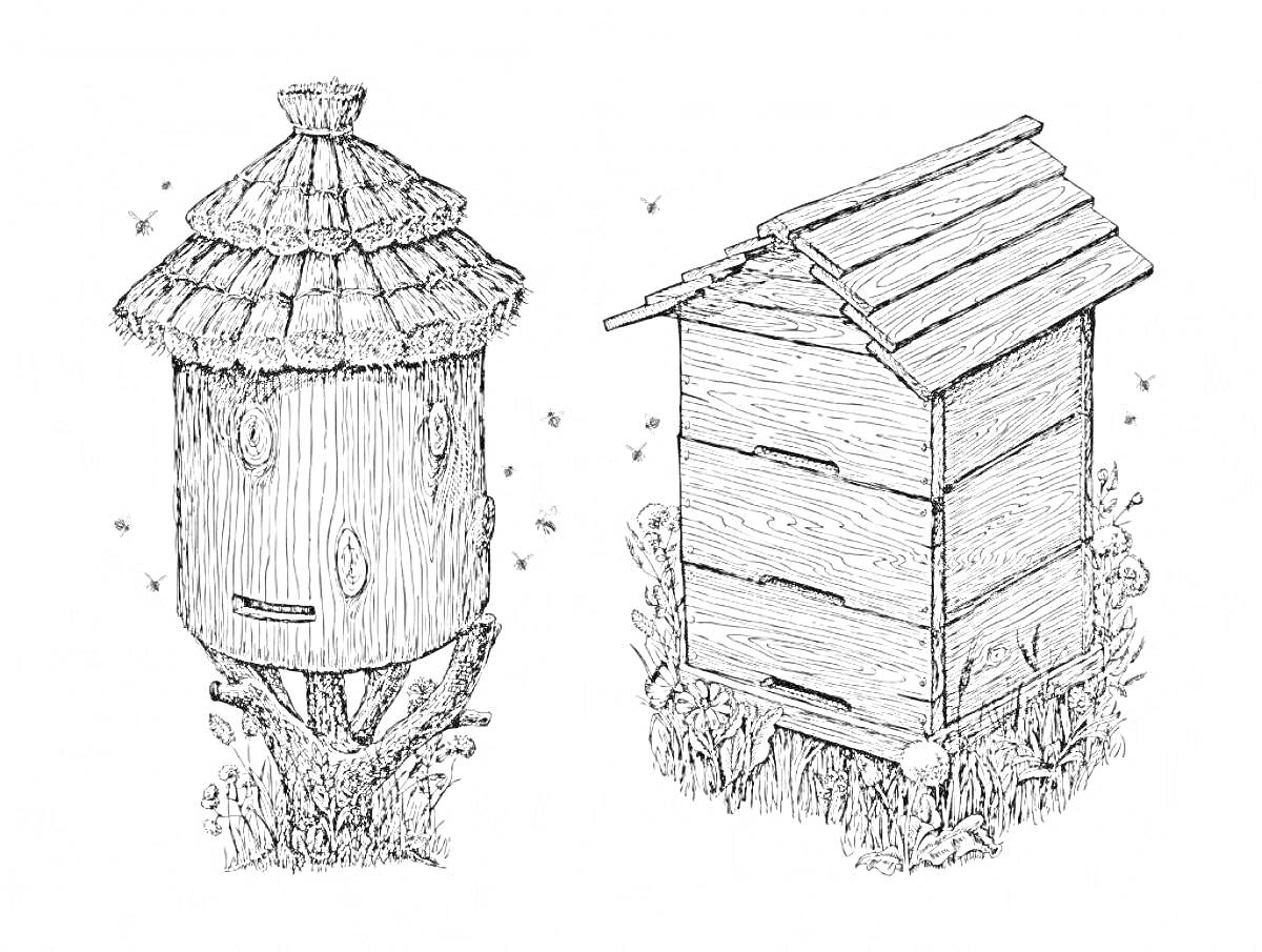 Раскраска Улей с круглой и прямоугольной крышей, со стоящими рядом пчелами