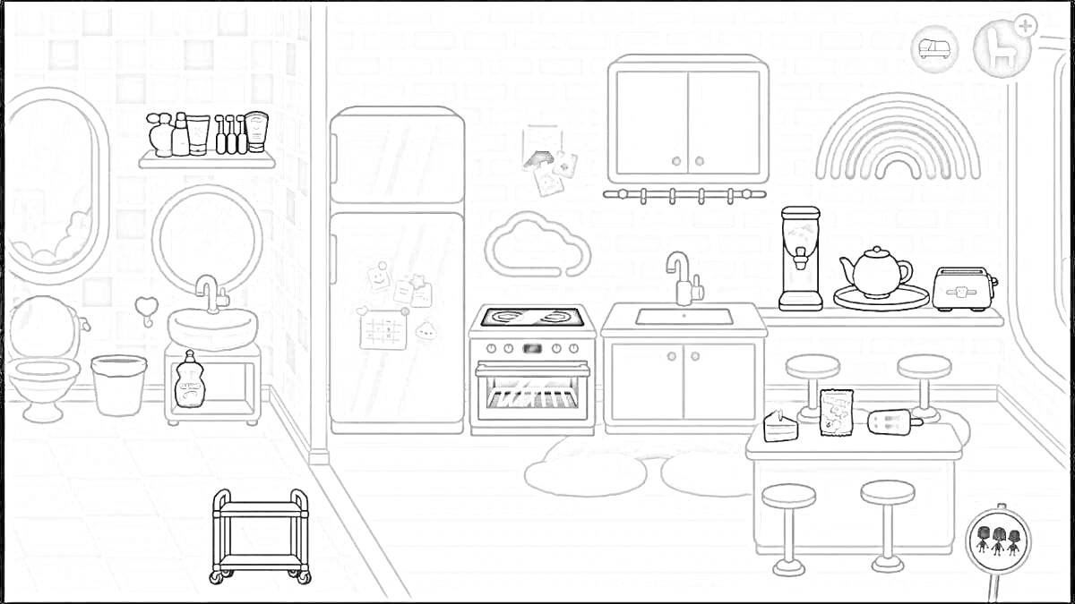 Кухня с обеденной зоной и элементами ванной комнаты. На изображении видны: холодильник, плита, духовка, вытяжка, кухонные шкафы, раковина, кухонный стол, три стула, тостер, чайник, чашки, тарелки, чайник, два ковра, многоцветная радуга на стене, ванна, ра