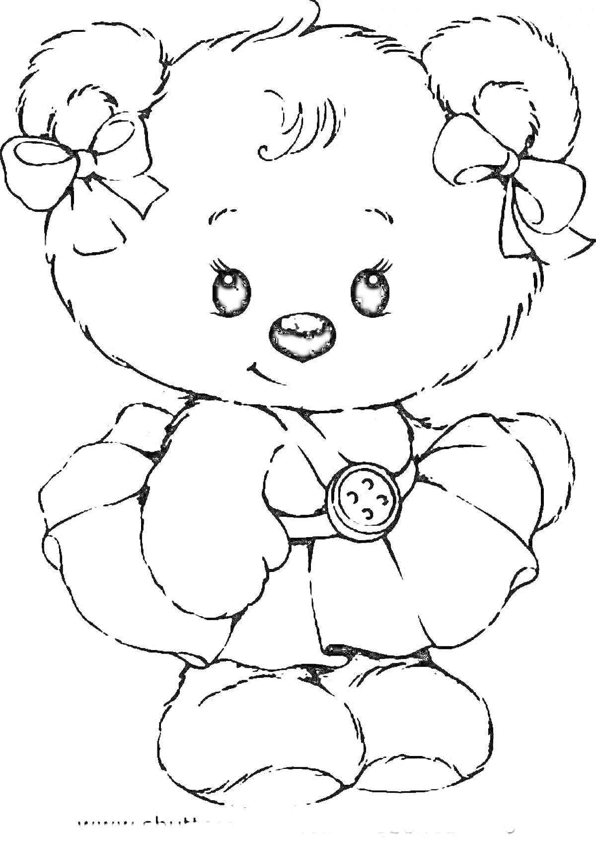 Раскраска Медвежонок с бантиками и платьем с пуговицей