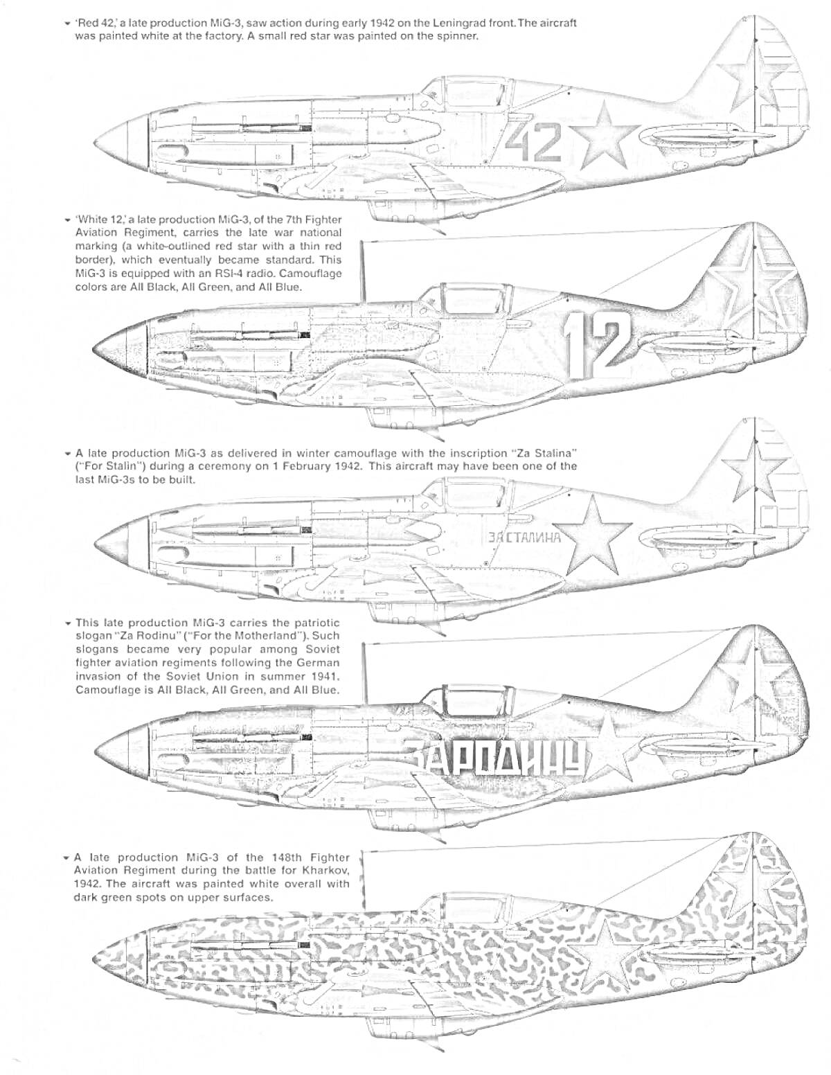 Раскраска Пять окрашенных самолетов МиГ-3 в разных схемах камуфляжа, с номерами на борту и звездами ВВС СССР