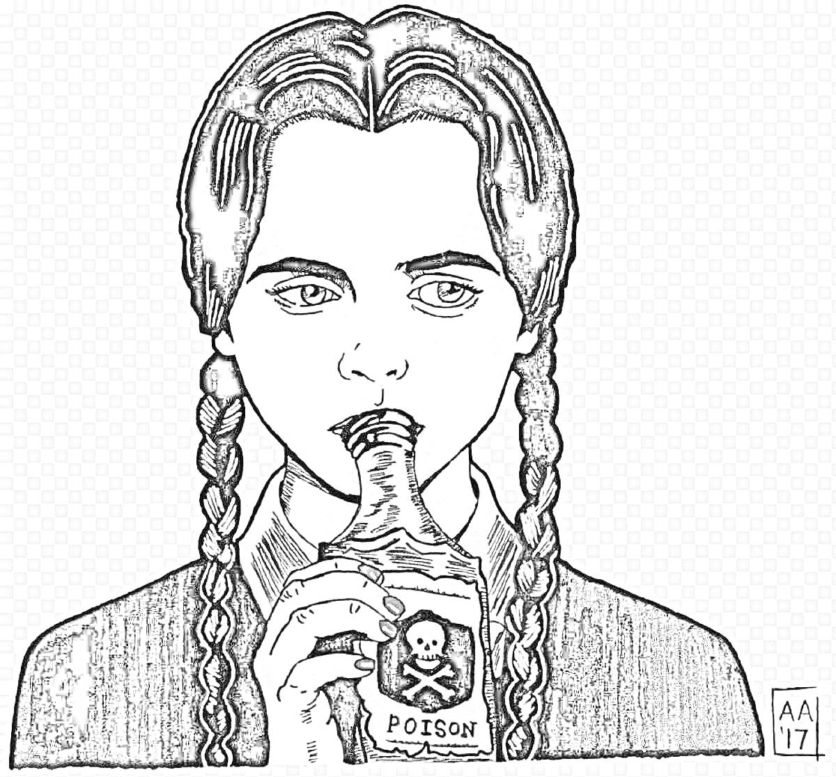 Раскраска Девочка с косичками, держащая бутылку с ядом