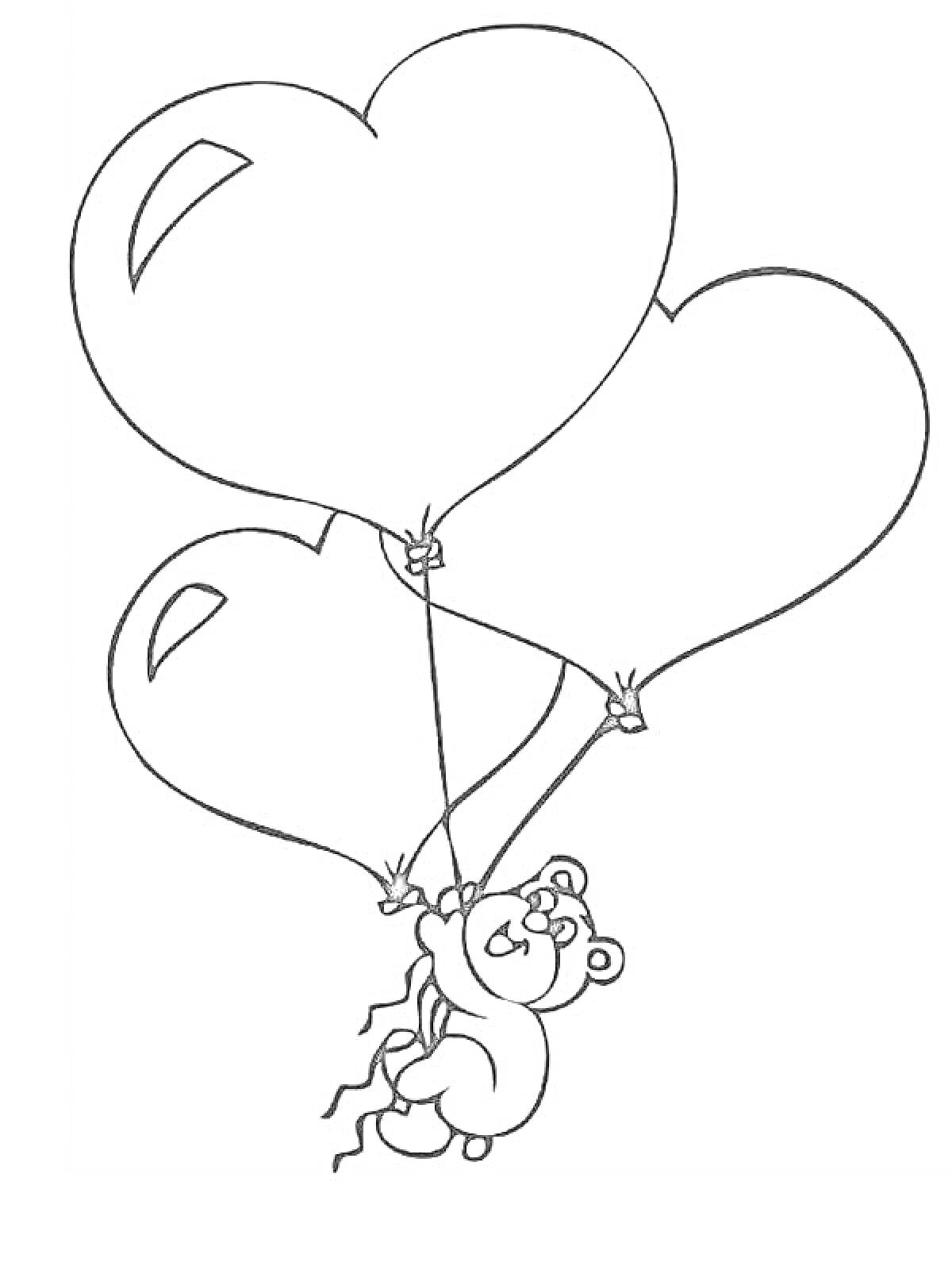 Раскраска Мишка с тремя воздушными шариками в форме сердца