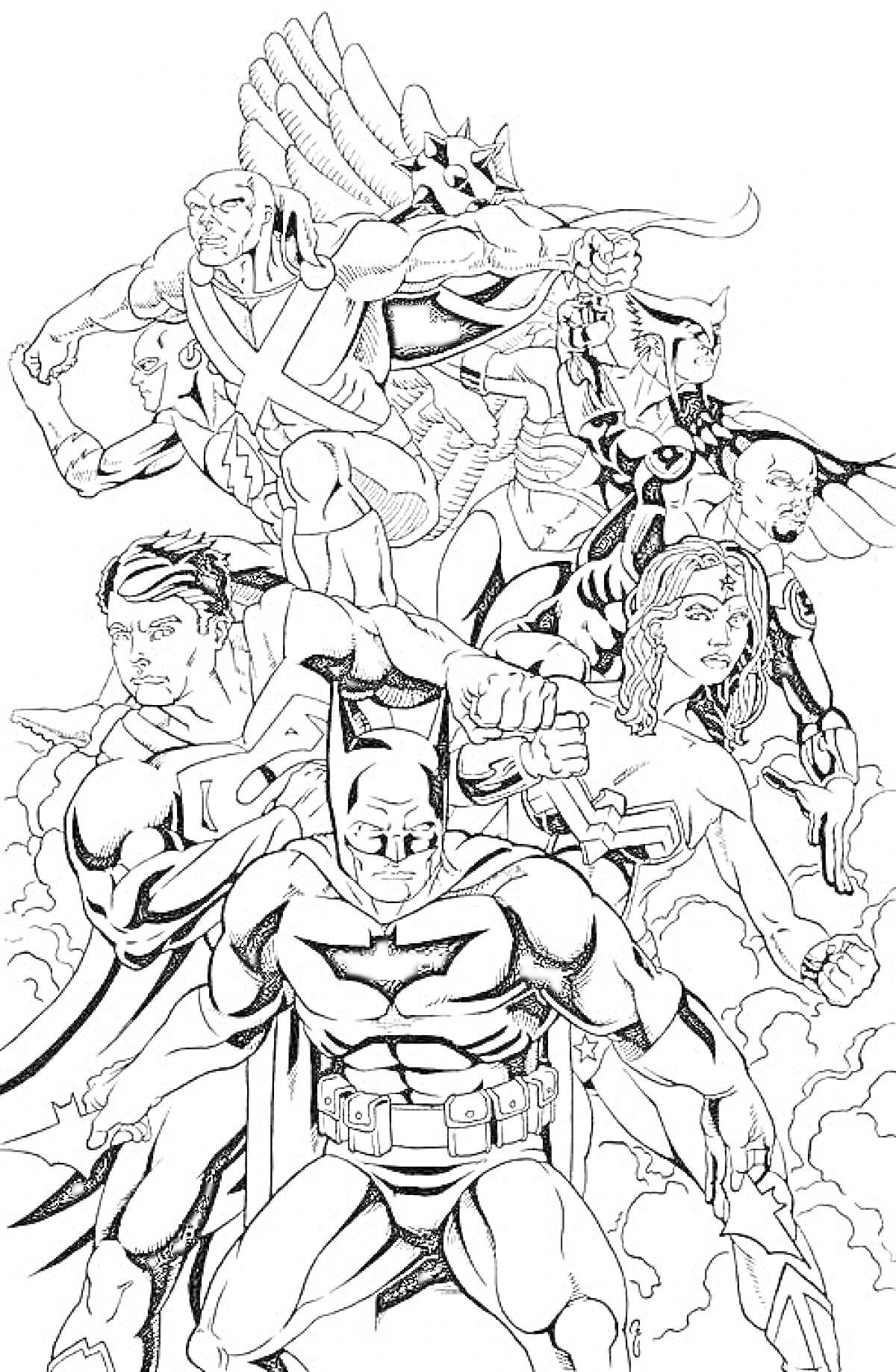 На раскраске изображено: Лига Справедливости, Супергерои, Бэтмен, Супермен, Чудо-женщина, Зелёный Фонарь, Флэш, Герой