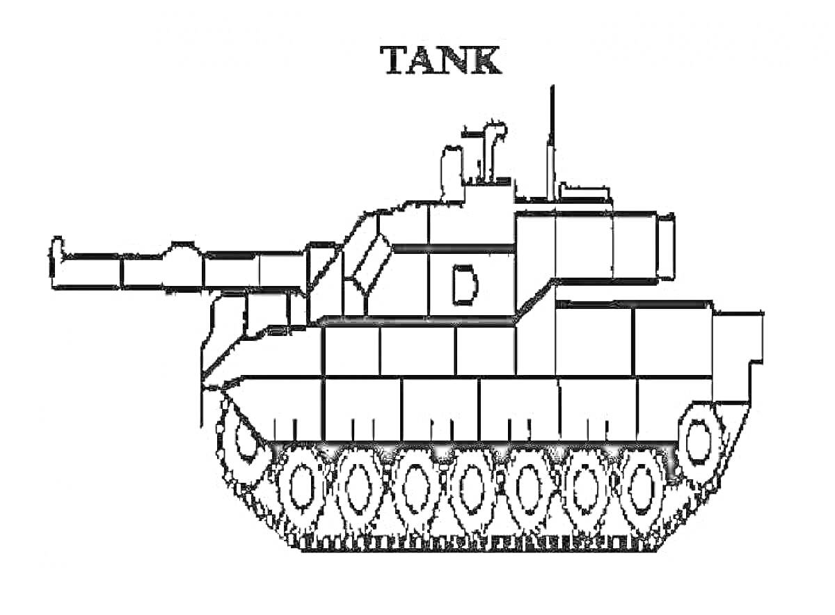На раскраске изображено: Танк, Бронетехника, Оружие, Детали, Колёса