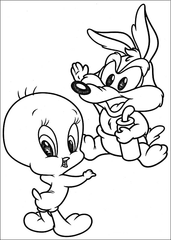 Раскраска Два персонажа Луни Тюнз - Туити и койот в движении