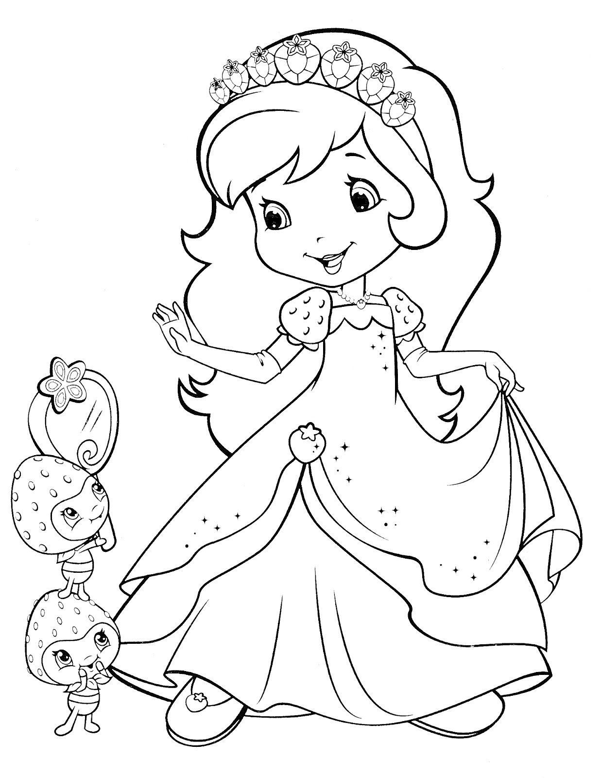 Раскраска Шарлотта Земляничка в платье с цветочным венком и двумя ягодками с зеркалом