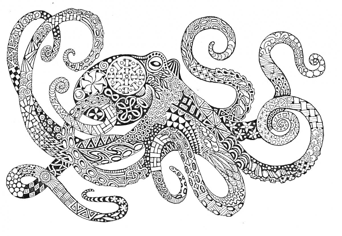 Раскраска Антистрессовая раскраска осьминога с замысловатыми узорами и деталями