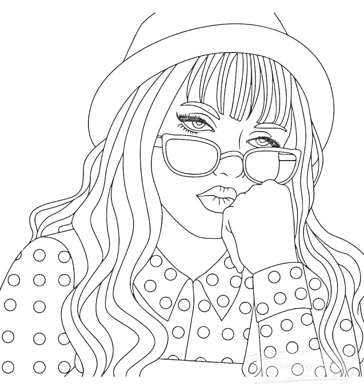 Раскраска Девушка в шляпе с очками, длинные волосы, рубашка в горошек