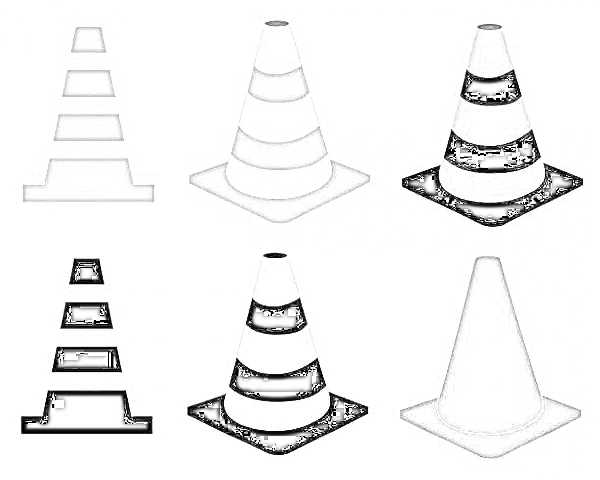 Раскраска Шесть дорожных конусов с различными узорами и оттенками