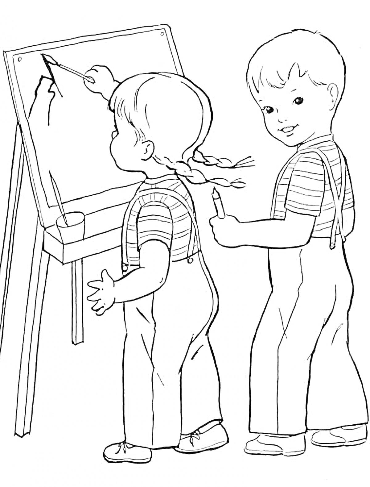 Раскраска Двое детей рисуют на доске в школе. Девочка и мальчик с карандашами, мольберт с рисунком, стаканчик для карандашей.