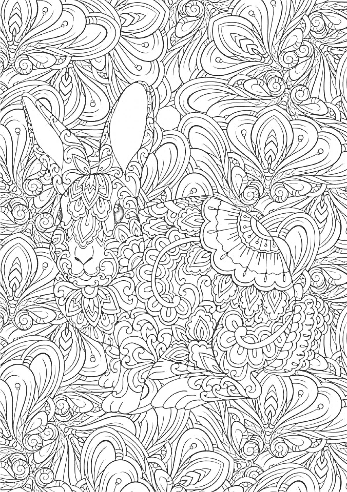 Раскраска Кролик с орнаментом из перьев и цветочных узоров