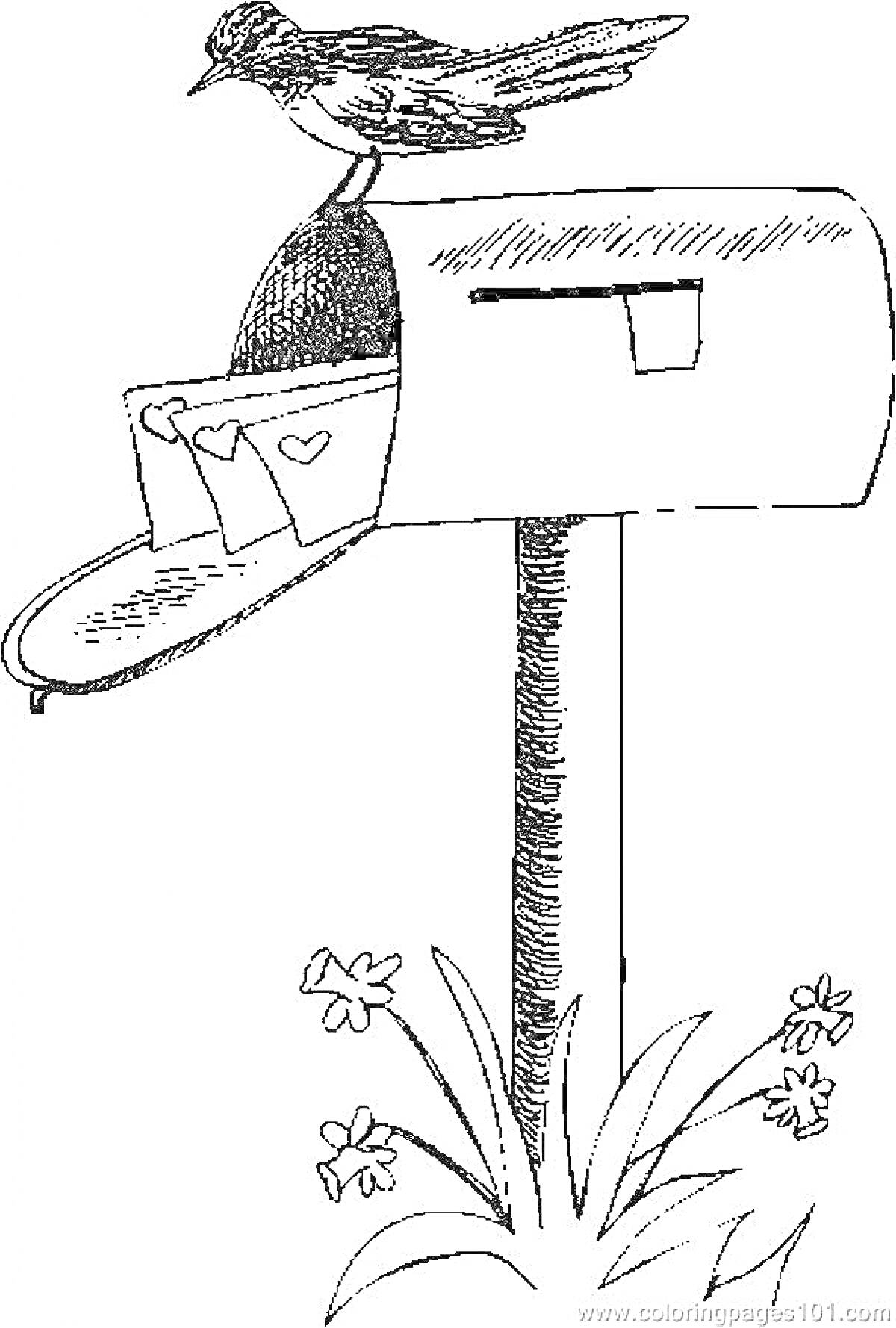 На раскраске изображено: Почта, Птица, Цветы, Для детей, Природа