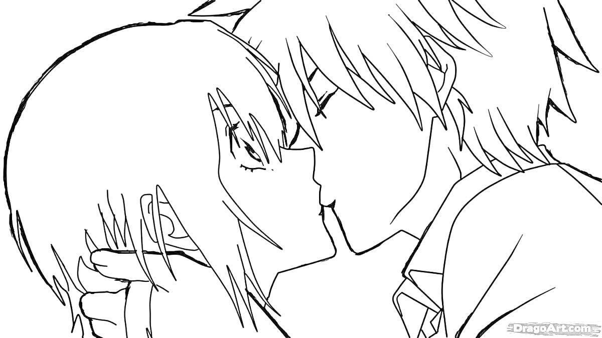 Раскраска Поцелуй двух аниме персонажей, оба с короткими волосами, один держит другого за шею