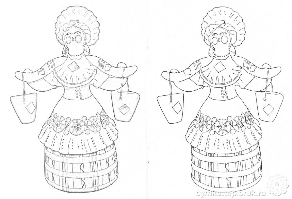 Раскраска Женщина в традиционном русском костюме с корзинами, в стиле дымковской игрушки