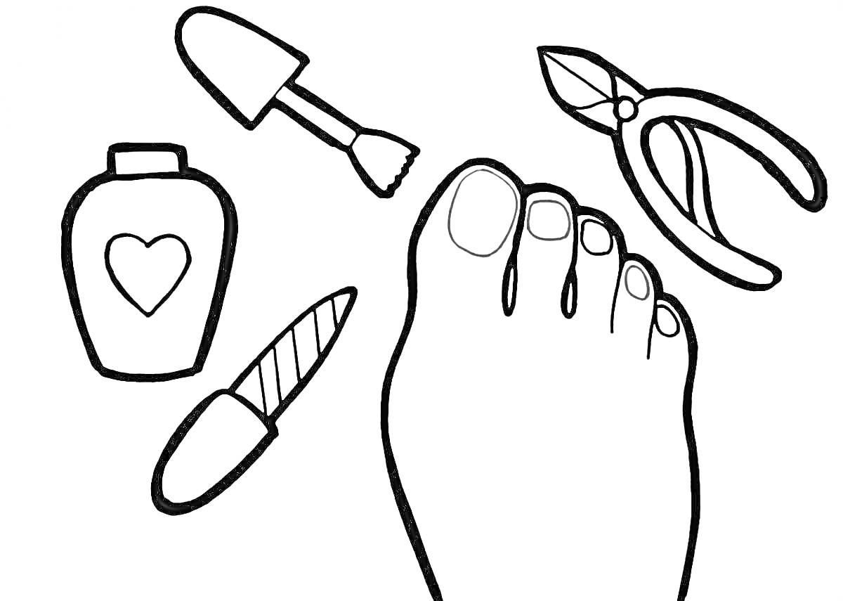Раскраска Набор для педикюра с ногой, кусачками, щеточкой, пилочкой и бутылочкой