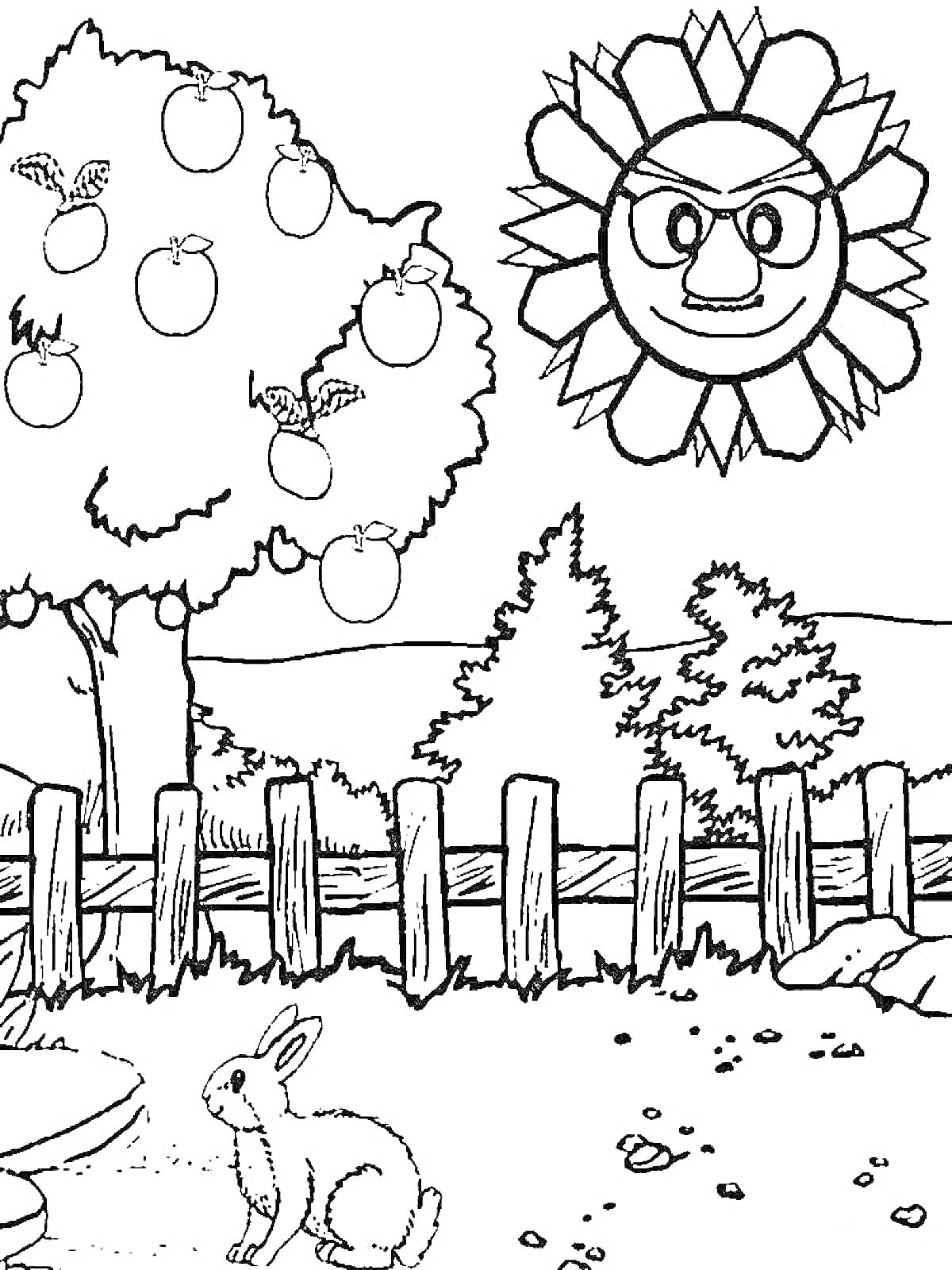 Раскраска Дерево с яблоками, улыбающееся солнце, забор, кустарники и кролик у пруда