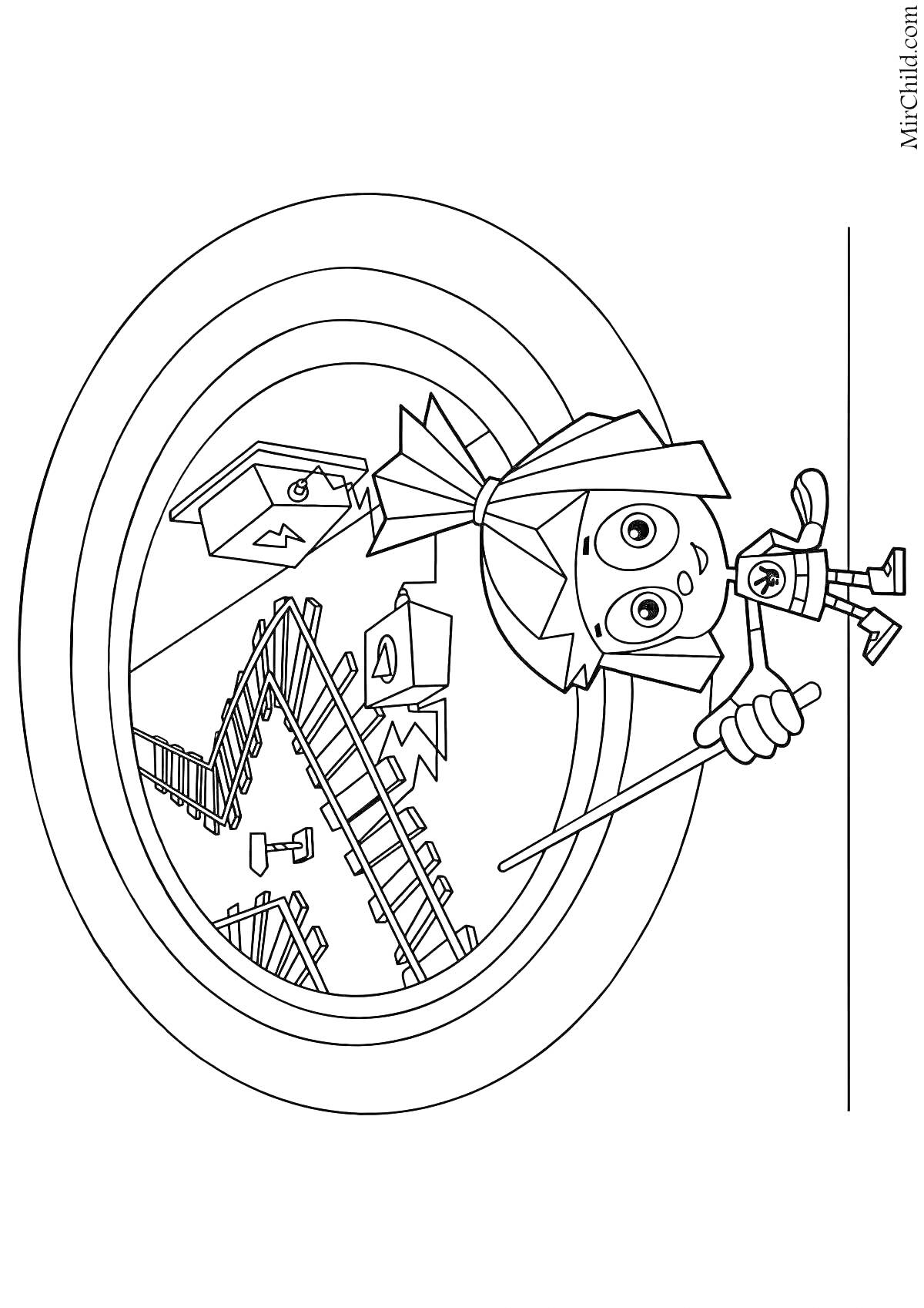 Раскраска Фиксики, железная дорога, элемент управления поездом, железнодорожная станция, поезд