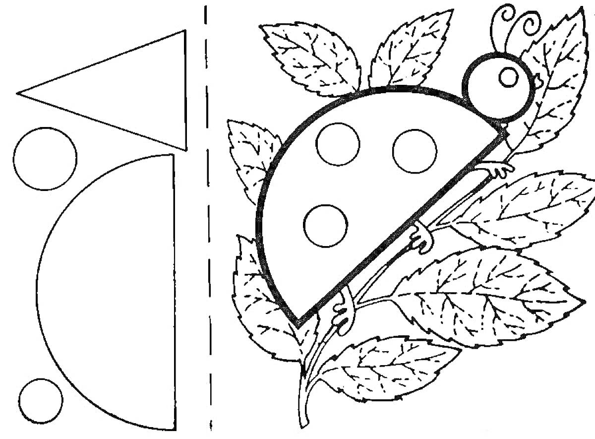 На раскраске изображено: Листья, Геометрические фигуры, Божьи коровки, Круги, Треугольники
