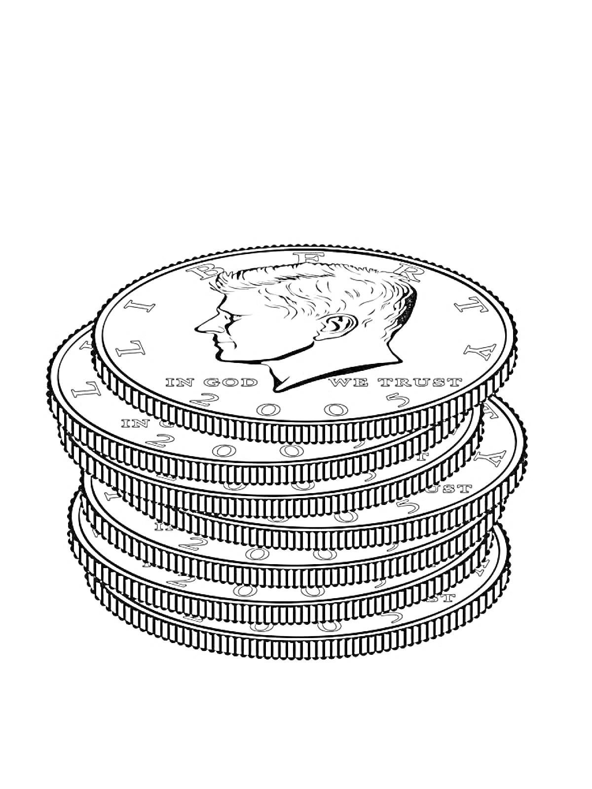На раскраске изображено: Стопка, Деньги, Валюта, Монеты, Портреты