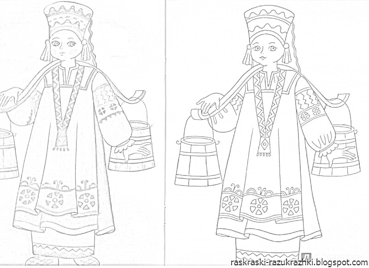 Раскраска Девочка в русском народном костюме с коромыслом и ведрами