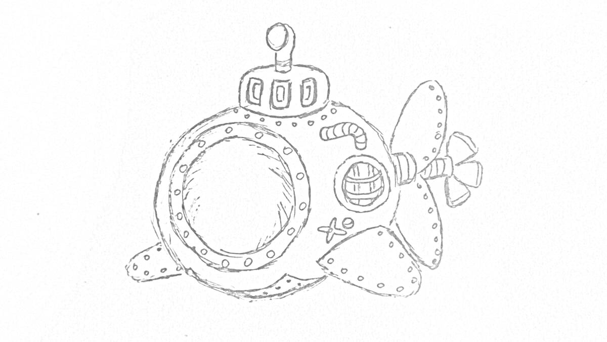 На раскраске изображено: Батискаф, Подводный аппарат, Труба, Винт, Подводное плавание